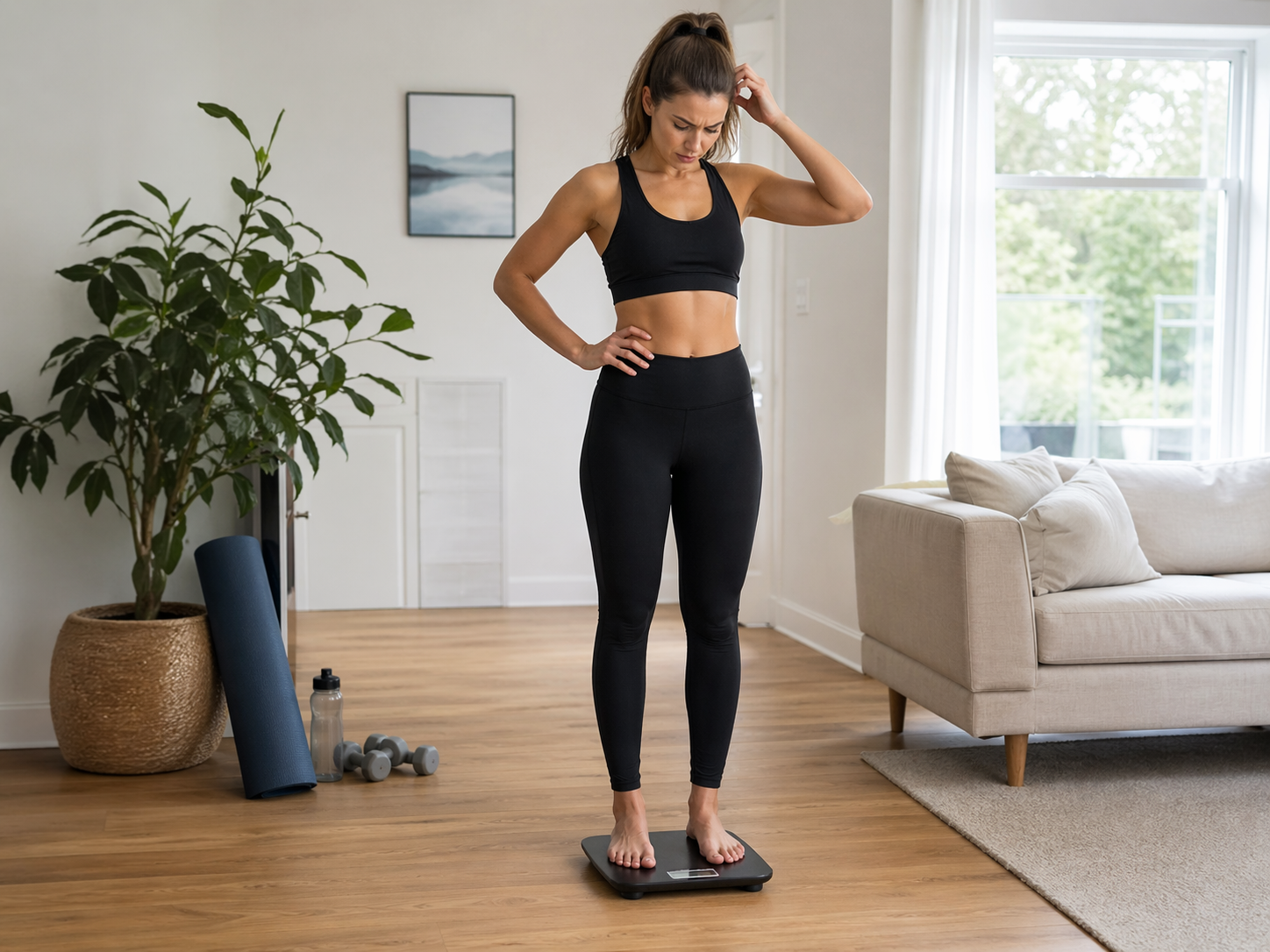Человек после тренировки стоит на весах и оценивает результат